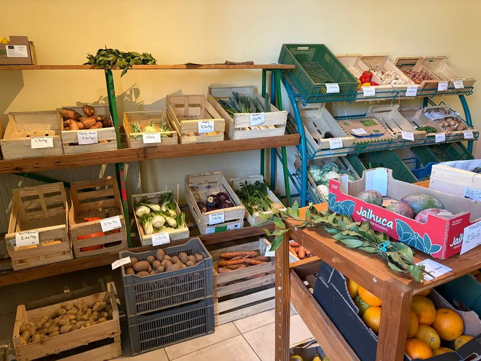 Cagettes de légumes étiquetées au prix du kilo, avec des oranges et des mangues au premier plan.